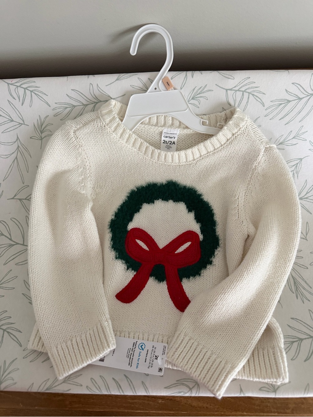 Carter's Cream Knit Sweater with Green Wreath and Red Bow